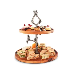 ฐานวางเค้กทรงกลมสีทองทำมือสำหรับเสิร์ฟขนมหวานอย่างหรูหรา ถาดชีสสองชั้นไม้พร้อมดีไซน์กระรอกโลหะ - Product Image 3