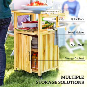 Carrello da Cucina per Esterni in Legno Massello con Piano in Acciaio Inox, Ruote e Foro Integrato, Carrello per Barbecue da Esterno in Legno Naturale - Product Image 5