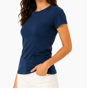 T-shirt court à col rond bleu marine pour femme, coupe ajustée, manches courtes, 100% coton, vêtement décontracté, tissu jersey respirant - Product Image 4
