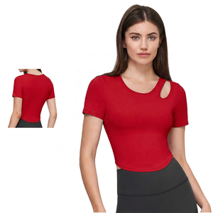Chemises et hauts de yoga pour femmes à col en U et manches courtes avec design épaules, séchage rapide, écologiques, coupe ajustée, respirants, vêtements de fitness - Product Image 5