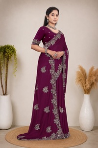 Vexotrend Indian CustomizationDesigner Women's Satin Chiffon <b>Saree</b> Embroidery Swarovski Patola Design Traditional Style Wedding - Product Image 2