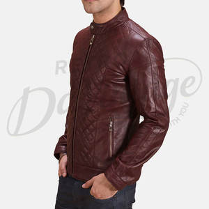 เสื้อแจ็คเก็ตหนังแท้ทรงสลิมฟิตสำหรับผู้ชาย รุ่นพรีเมียม สีเบอร์กันดี ตกแต่งลายเพชร ดีไซน์สไตล์ไบค์เกอร์ คอตั้ง สง่างาม เหมาะสำหรับแฟชั่นฤดูหนาว - Product Image 3