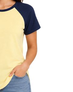Camiseta raglán de color amarillo limón claro y azul marino para mujer, camiseta informal de cuello redondo y manga corta, mezcla de algodón suave, Top de moda de verano - Product Image 4