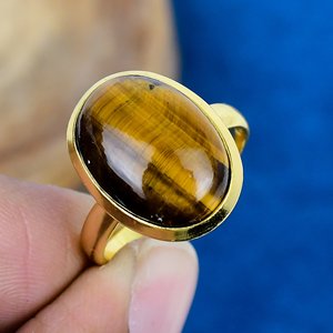 Handmade Natural <b>Tiger</b> <b>Eye</b> Oval Gemstone <b>Ring</b> Gold Micron Over 925 Sterling Silver - Product Image 1
