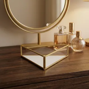 Artisan Design Brass/Glass Lacquered Finish Triangle Modern <b>Storage</b> <b>Tray</b> for Table Top Jewelry and Cosmetic Display - Product Image 1