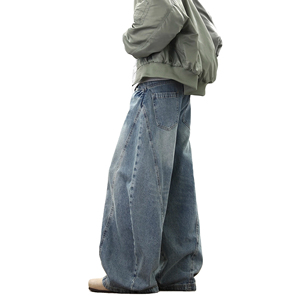 ARZINEN INDUSTRY Jean en denim ample à jambe large pour homme, taille mi-haute, délavage neige, vintage, 100% coton, tissé uni, coupe-vent et imperméable - Product Image 2
