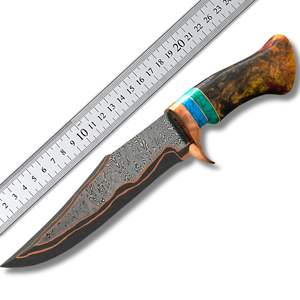 Couteau de chasse à lame fixe en acier Damas artisanal de qualité supérieure avec manche en bois de burl et garde en laiton, personnalisable OEM, garantie de 3 ans - Product Image 1