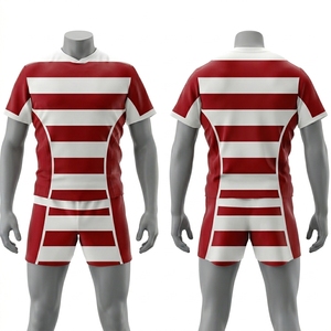 Men's Red White Striped Rugby Jersey Shorts Set Moisture Wicking Fitted Sportswear All Seasons Adult Apparel - Product Image 1