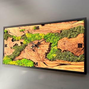 Olive Wood Moss Wall <b>Clock</b> Rectangular Handmade Wooden <b>Clock</b> Decor Luxury Wood & Moss Designer Wall <b>Clock</b> Eco-Friendly Green - Product Image 3