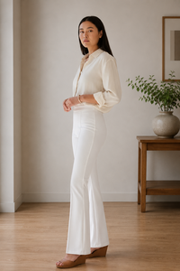 <b>White</b> Flare Pants High <b>Waist</b> <b>Elastic</b> Full Length Solid Color Women's <b>Trousers</b> Spring Regular Fit Anti-Wrinkle <b>Trouser</b> - Product Image 3