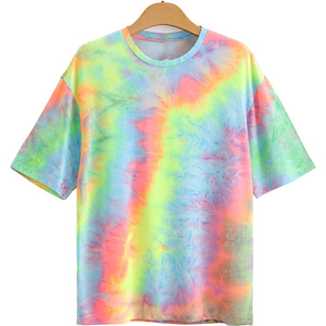 เสื้อยืดแขนสั้นผู้ชาย ลายมัดย้อม คอกลม ทรงปกติ ผ้าถักลำลอง สีชมพูเหลือง ลายพิมพ์ - Product Image 5