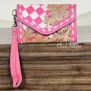 Handcrafted Women's Pink Checkered Tooled Leather Floral Design Clutch RFID Genuine Leather Cash & Card Holder Wallet for Gifts - Product Image 1