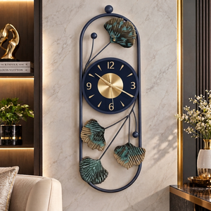 Affordable Wall Art <b>Clock</b> <b>Navy</b> Blue Floral Metal Decor Gold Accent Large Hanging <b>Clock</b> for Home Lounge by Falah International - Product Image 1