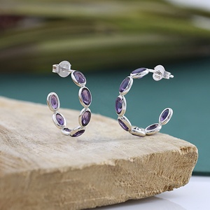 Pendientes Colgantes de Plata de Ley 925 con Amatista Natural, Pendientes de Aro con Gema Ovalada Morada, Joyería al por Mayor - Product Image 5