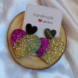 Handmade Heart Shape Glitter Earrings <b>Pink</b> Gold Black Fashionable Valentine'S Day <b>Gift</b> Plastic Resin Jewelry Set - Product Image 1