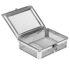 Cesta de malla fina Tapa bloqueable con bisagras manuales 120x155x40mm Instrumentos quirúrgicos de acero inoxidable Certificado CE Alta calidad Pakistán - Product Image 1