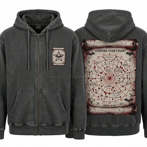 Sweat à capuche zippé surdimensionné pour homme en molleton bouclette épais, bordeaux délavé à l'acide, style vintage, avec motif gothique 'Tomb', personnalisé, fabricant - Product Image 3