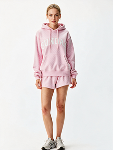 Sweat-shirt à capuche surdimensionné pour femme, rose à pois, en polaire, manches longues, vêtements décontractés d'automne avec poches - Product Image 2