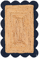 Tapis rectangulaire en jute fait main bleu marine à bordure festonnée, style farmhouse bohème, pour salon et chambre