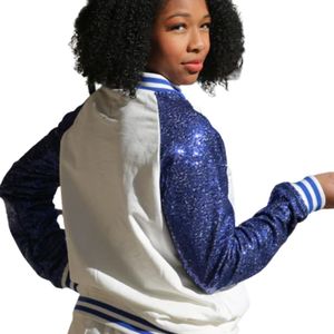 Zeta Phi Beta <b>Sequin</b> Bomber <b>Jacket</b> Women Neutral Royal Blue Zip Up Coat Sparkle Sleeve Greek Sorority Stylish Outerwear - Product Image 2