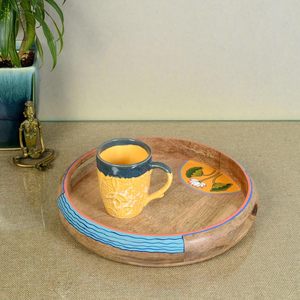 <b>Round</b> Sticker Enamel on Edge of <b>Tray</b> Base Mango Wooden Platter <b>Round</b> Serving <b>Tray</b> Ideal for Gifting Home and Kitchen Usage - Product Image 1