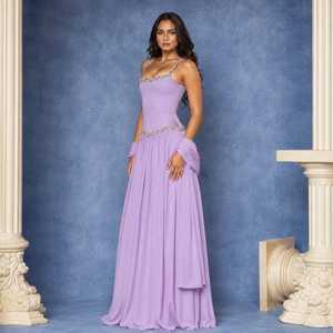 Vestido de Noche Largo Morado Lavanda con Adornos, Cintura Natural, Corte en A, de Gasa con Cristales, Sin Mangas, Escote en V, Espalda Descubierta, para Fiesta Formal - Product Image 6