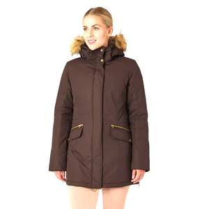 Chaqueta de Invierno Acolchada Marrón para Mujer con Capucha con Ribete de Piel, Cierre de Cremallera, Manga Larga, Abrigo Grueso - Product Image 2
