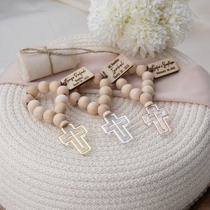 Perles de prière en bois faites à la main avec croix en or rose, décoration religieuse, cadeau de baptême, artisanat naturel, art du bois sculpté - Product Image 5