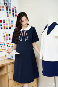 Robe droite en tissu frais V1430 avec col lotus, absorbant la transpiration, pour femmes enceintes, vêtements de maternité - Product Image 2