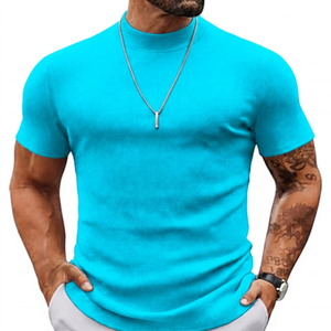 T-shirt décontracté à manches courtes en tricot à col roulé rouge pour homme, coupe ajustée, couleur unie - Product Image 2