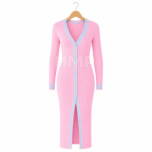 Cárdigan Largo Personalizado de Punto Acanalado Rosa de la Hermandad HMR, Suéter a la Moda para Uso Diario con Ribete en Contraste - Product Image 5