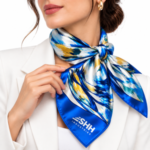 Pañuelo Cuadrado de Satén de Lujo para Mujer, Estampado Floral Abstracto en Azul, Verde y Dorado, con Tacto de Seda, Lazo para el Cuello, Logotipo Personalizado, Accesorio de Moda - Product Image 1