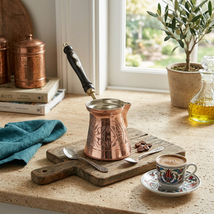 Cafetière turque en cuivre faite à la main, Cezve Ibrik avec poignée en bois, design traditionnel, forme ronde pour la préparation du café - Product Image 2