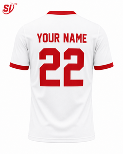 เสื้อฟุตบอลสีขาวแดงแบบคัสตอม คอกลม แขนสั้น พิมพ์ลายแบบซับลิเมชั่น แห้งเร็ว ชุดทีมชาย บริการ OEM - Product Image 2