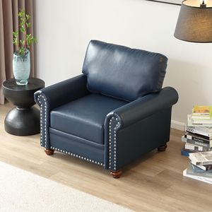 Navy Blue Faux Leather Single Seat <b>Sofa</b> Chair with Wood <b>Leg</b> <b>for</b> Living Room - Product Image 2