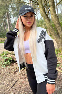 <b>White</b> Varsity <b>Jacket</b> With Black Sleeves Embroidered Letter A Preppy Style Button Closure Regular Length Autumn Wear - Product Image 2