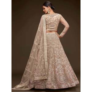 Sparkling Beige Embroidered <b>Net</b> Plus Size Lehenga Choli for Engagement - Product Image 3