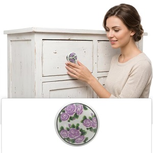 Round Porcelain Cabinet <b>Knob</b> with Purple Rose Design for Kitchen and Furniture - Product Image 2
