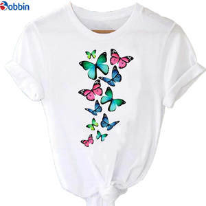 Camiseta de Mujer con Estampado de Rosas y Mariposas, Estilo Dulce, Holgada, Transpirable, con Decoración Gráfica de Manga Corta - Product Image 5