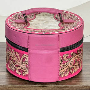 Boîte à bijoux ronde en cuir de vachette véritable, entièrement travaillée à la main, avec embossage floral, style vintage, durable, pour le rangement des bijoux - Product Image 5