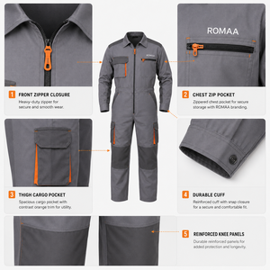 Grey Charcoal Orange Industrial Work Coverall Heavy Duty Mechanic Overall with Cargo Pockets Reinforced <b>Knees</b> Front Zipper - Product Image 2