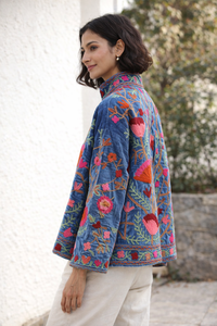 Hot Blue Embroidery Winter Knitted Cotton Velvet Bomber <b>Jacket</b> Floral Suzani Reversible Outerwear Satin <b>Mandarin</b> <b>Collar</b> Quilted - Product Image 2