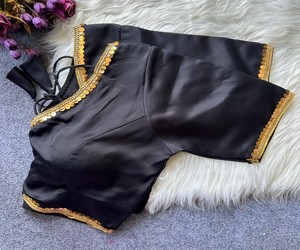 Stitched <b>Black</b> Pure Malai Silk <b>Satin</b> Crop <b>Blouse</b> Fancy Lace Work Women Ethnic Party Wedding Regular Fit Elegant Design LDB 85405 - Product Image 2