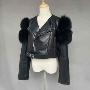 Nouvelle veste en cuir de mouton véritable noire à la mode, courte, avec fourrure de renard véritable, veste en cuir courte pour femmes - Product Image 5