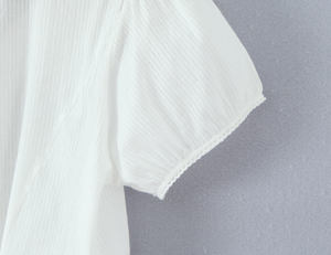 Women’s White Cotton Crop <b>Top</b> Peter Pan Collar Button Up Lace Up Short Sleeve Casual Summer Fashion Tee - Product Image 3