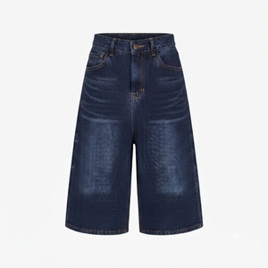 <b>High</b> Waist Over Size Stonewashed Denim Short Pant <b>Knee</b> Length Straight Leg Jeans Women's Breathable Casual Summer Wear - Product Image 2