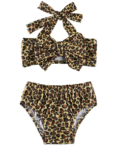 Conjunto de Bikini con Estampado de Leopardo para Mujer, Top Halter Cruzado, Braguita de Cintura Alta, Traje de Baño Elástico con Volantes, Patrón Tejido, Spandex, Poliéster - Product Image 1