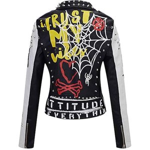 Womens Studded Leather <b>Jacket</b> Black Biker <b>Punk</b> Motorcycle <b>Jacket</b> Genuine PU Leather OEM Custom Wholesale Factory - Product Image 4