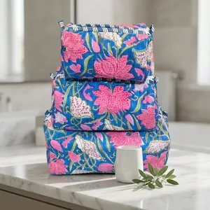 Set de Bolsas de Cosméticos de Algodón Estilo Bohemio, Azul Floral, Acolchado, Bolsa de Aseo Multifuncional con Cierre, Bolsas de Aseo Medianas - Product Image 1