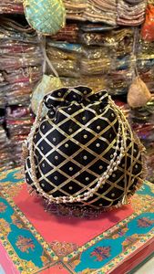 Moti Work Designer Silk Potli Bag Indian Women's <b>Handbag</b> <b>Wedding</b> Guest Return Gift Bags Drawstring Bags Mehndi Favour Bags - Product Image 3
